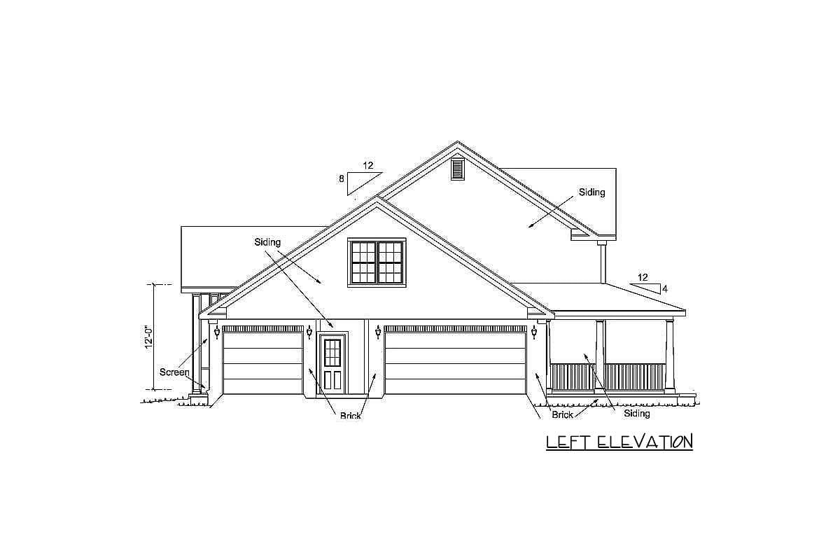 Left elevation house plan with two garage doors, screened porch, and siding and brick exterior.