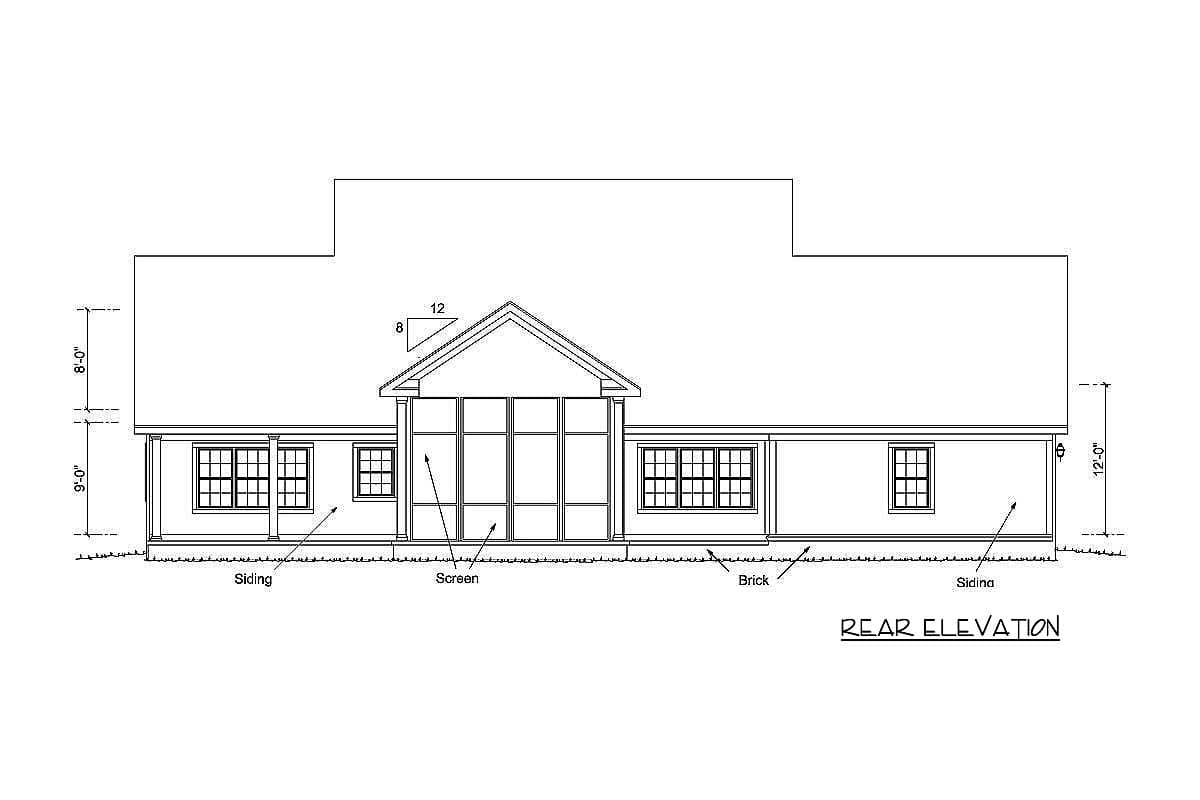 Rear elevation house plan drawing showing siding, screen porch, brick accents, and multi-pane windows.