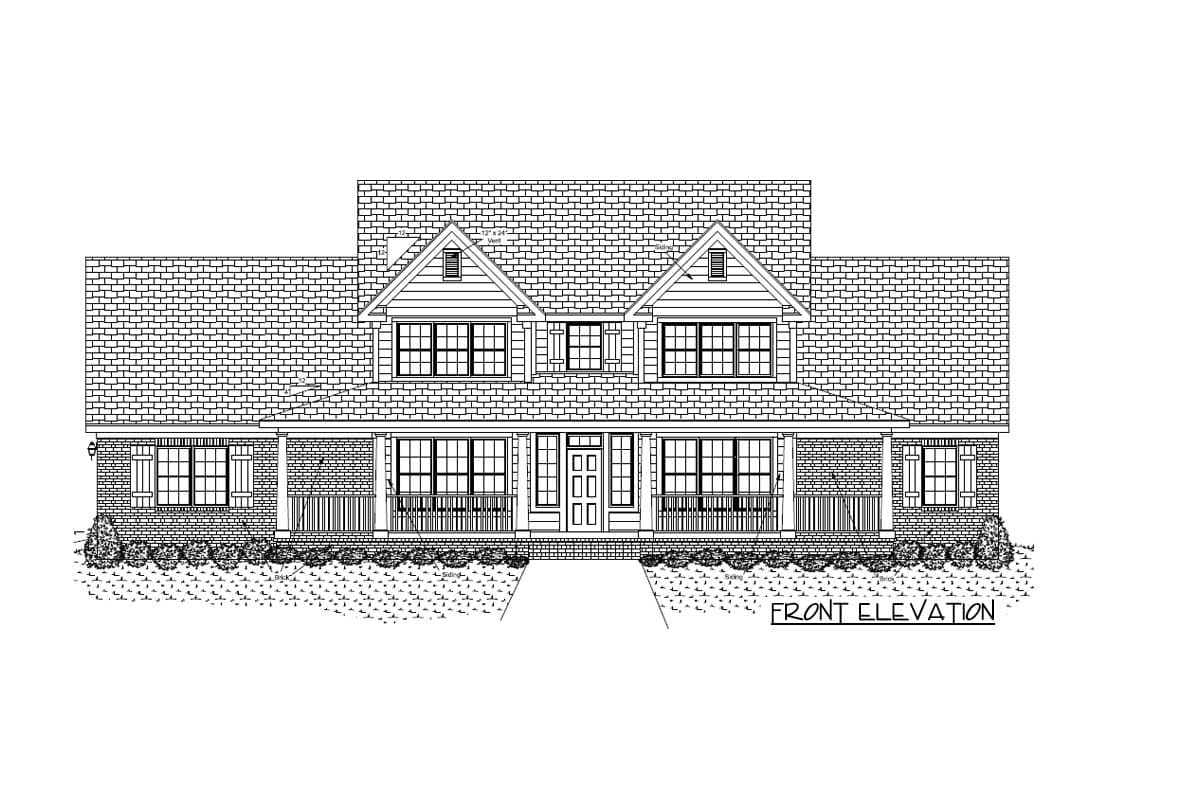 Front elevation house plan of a two-story home with a full-width porch, double gables, and brick accents.