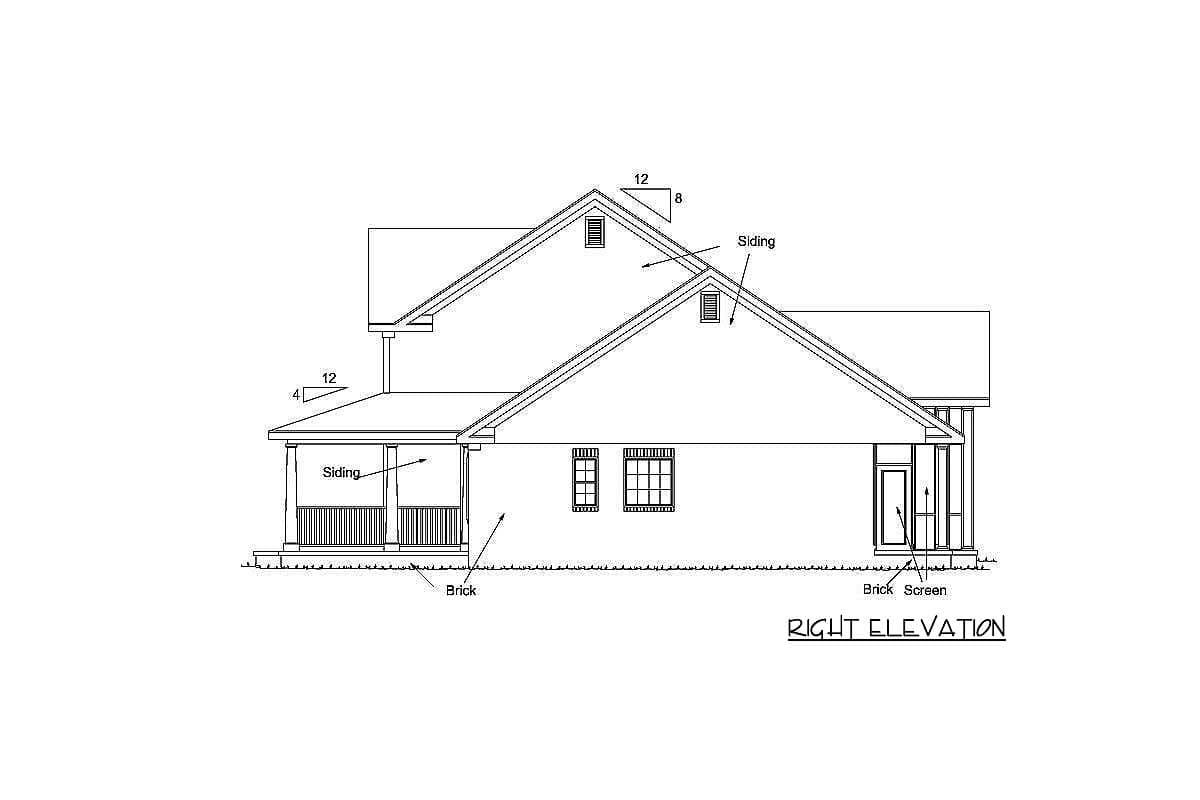 Right elevation house plan showing a gabled roof, siding, brick base, covered porch with railing, and dormer windows.