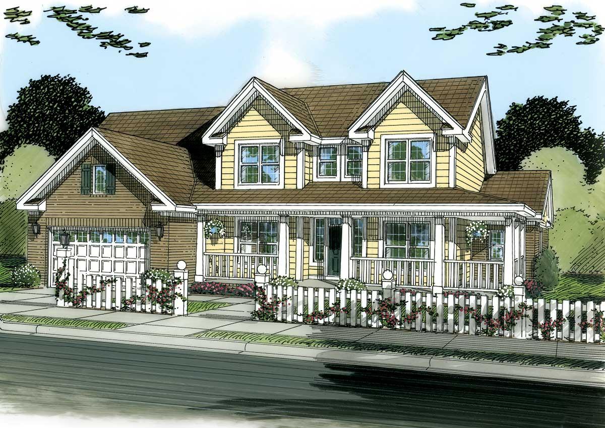 House plan exterior rendering: Two-story house with wrap-around porch, gables, dormers, and attached garage with white picket fence.