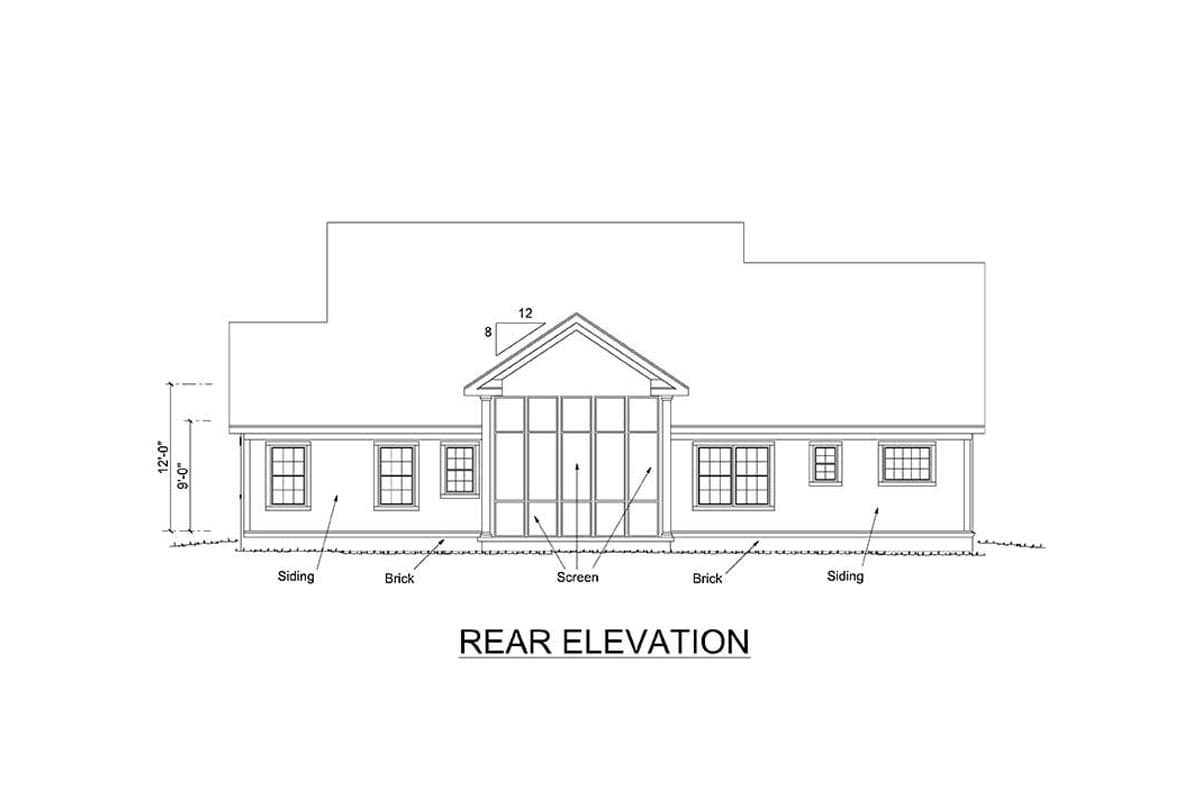 Rear elevation drawing of a house with siding, brick accents, and a screened porch with multiple windows.
