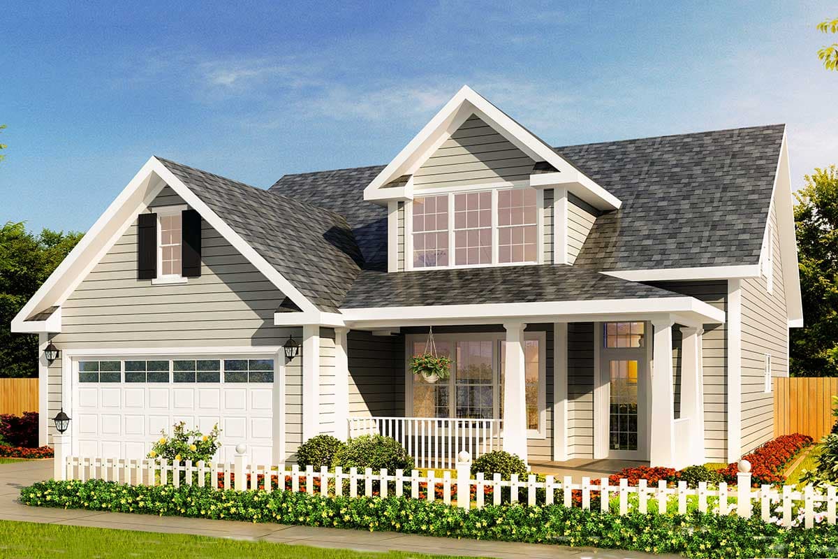 House plan exterior of a two-story Modern Farmhouse with a front-entry garage, covered porch, and multiple gables.