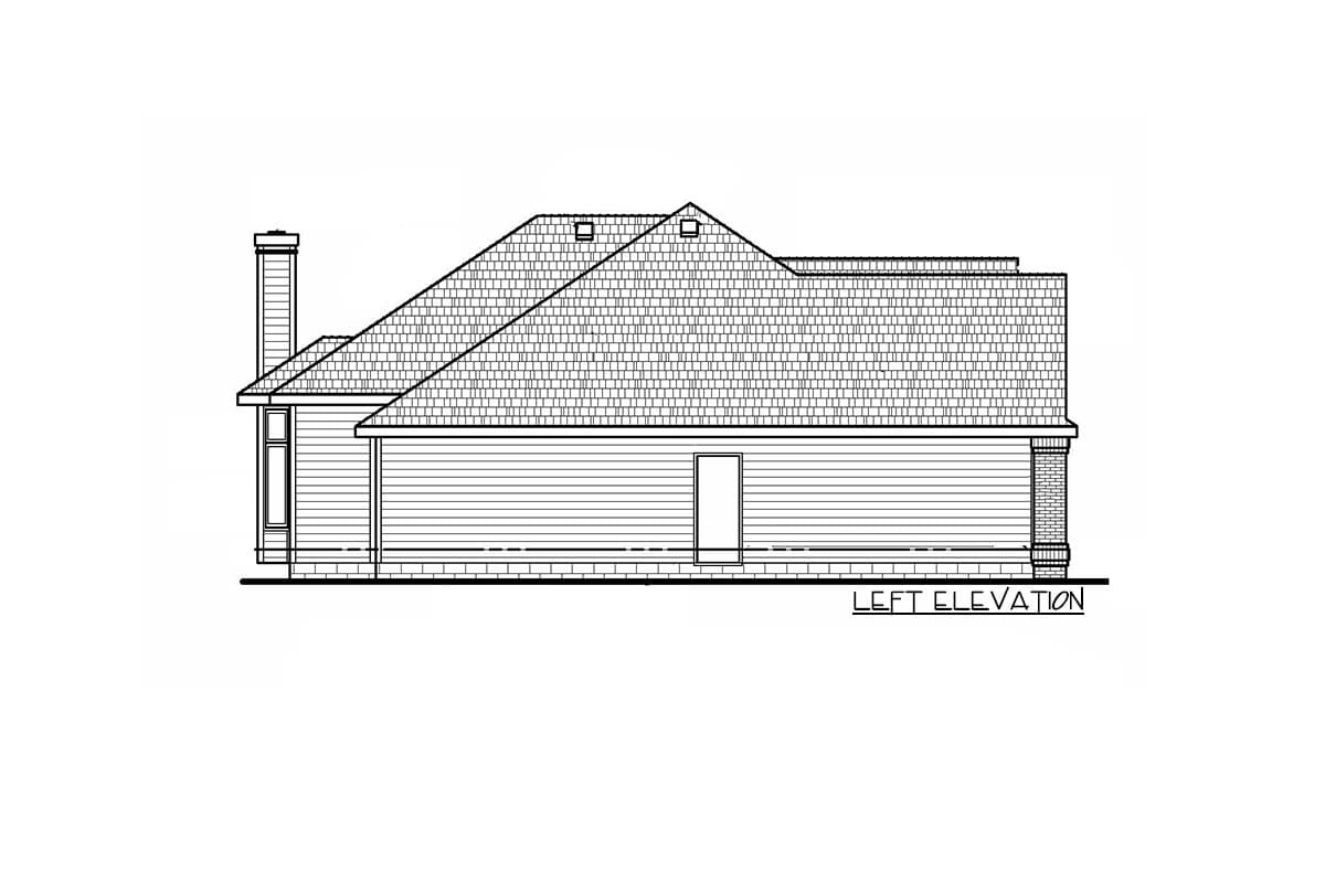 Left elevation house plan showing a shingled roof, chimney, lap siding, and brick accent.