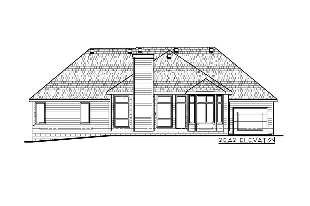 Rear elevation house plan showing a hip roof, central chimney, multiple windows, and a side-entry garage.
