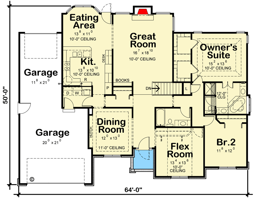 Plan 4087DB: One-Story House Plan with Flex Room - 1996 Sq Ft - Floor Plan - Main Level - Ranch, Traditional