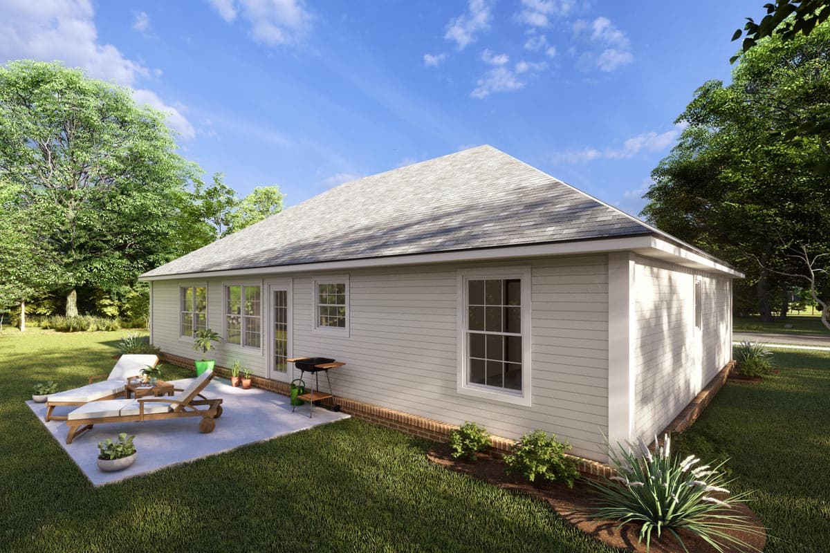 House plan exterior: One-story ranch home with a gable roof, vinyl siding, and multiple windows.