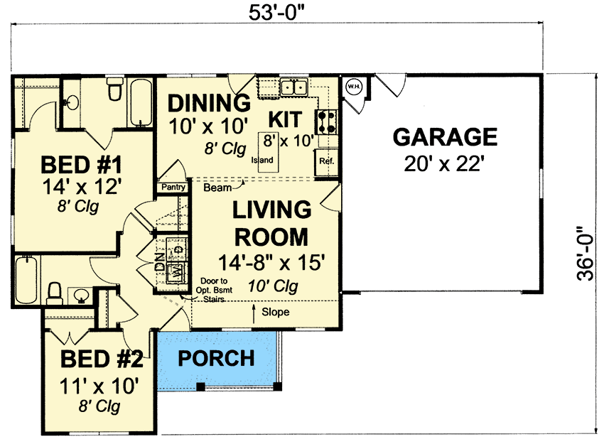 Plan 40872WM: 2-Bed Southern Country Style House Plan with 2-Car Garage - 960 Sq Ft - Floor Plan - Main Level - Country, Southern, Traditional