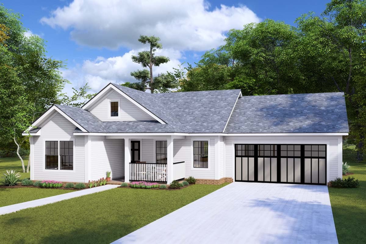 House plan exterior: single-story Modern Farmhouse with gables, dormer, covered porch, and attached two-car garage.