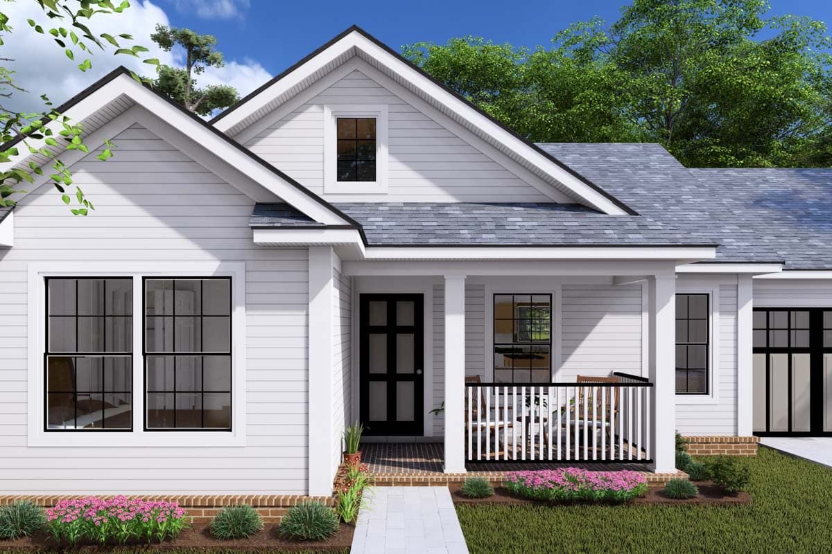 Modern Farmhouse house plan exterior, one story, with covered porch, gables, dormer window, and attached garage.