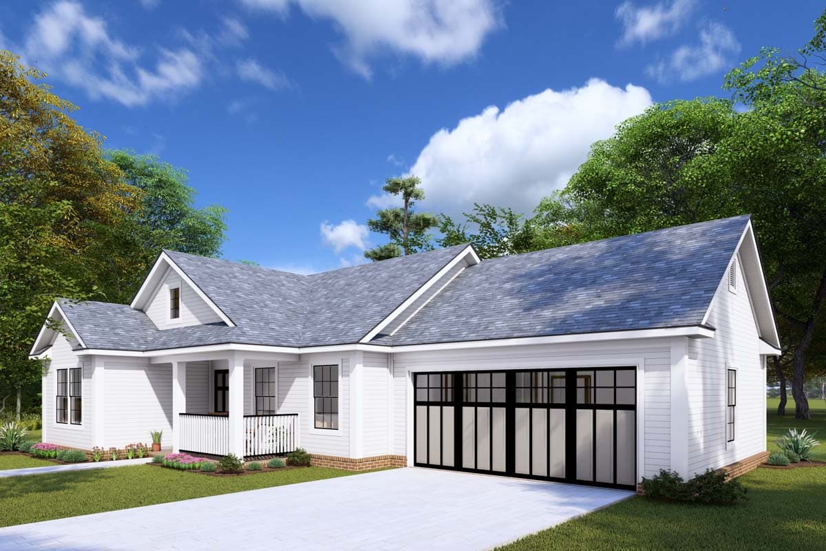 House plan exterior: Modern Farmhouse style, one story, with a covered front porch and a two-car garage with glass doors.