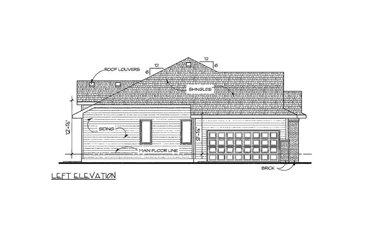 Left elevation of house plan showing siding, brick accents, roof louvers, and a 2-car garage with multiple windows.