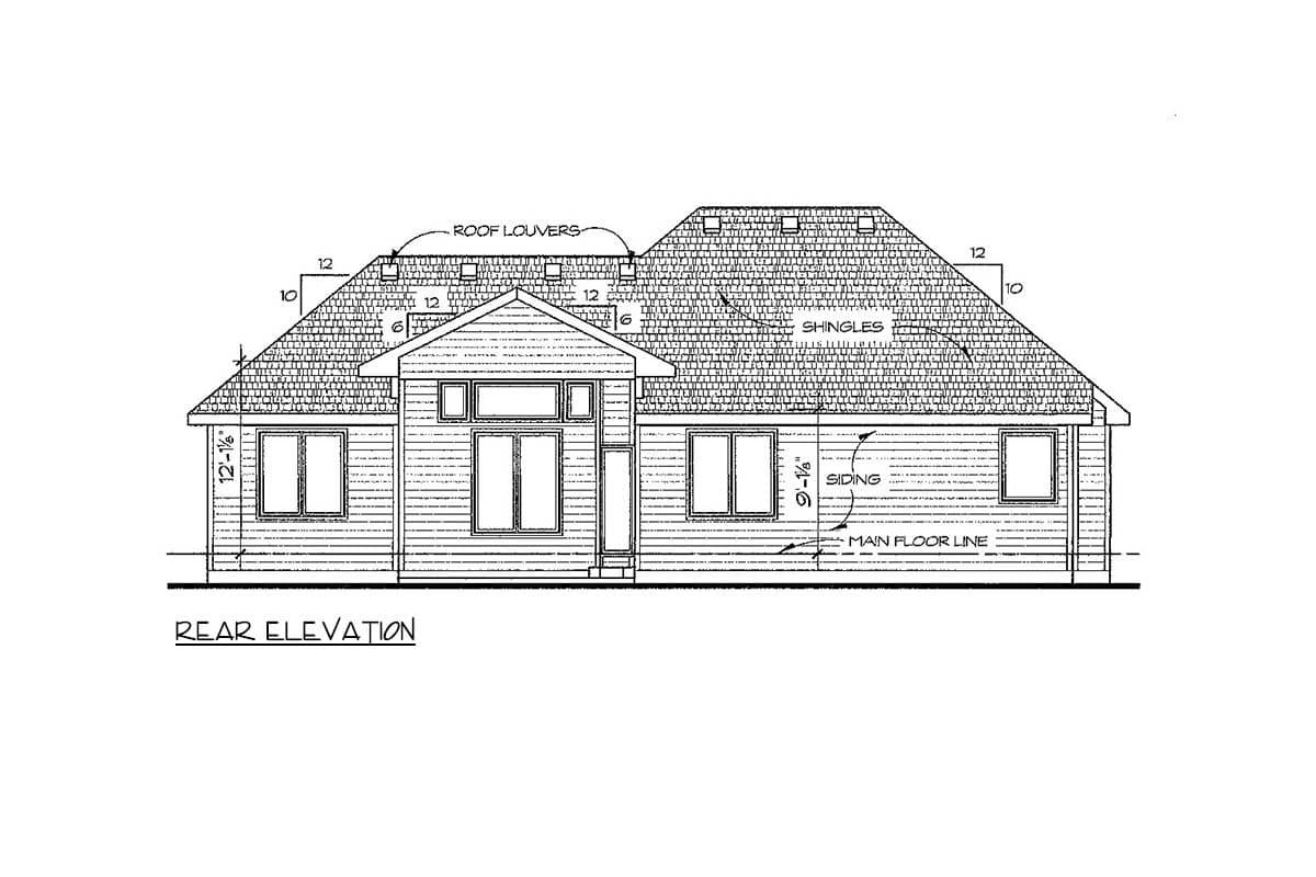 Rear elevation house plan drawing showing a single-story home with a gabled roof, siding, and multiple windows.