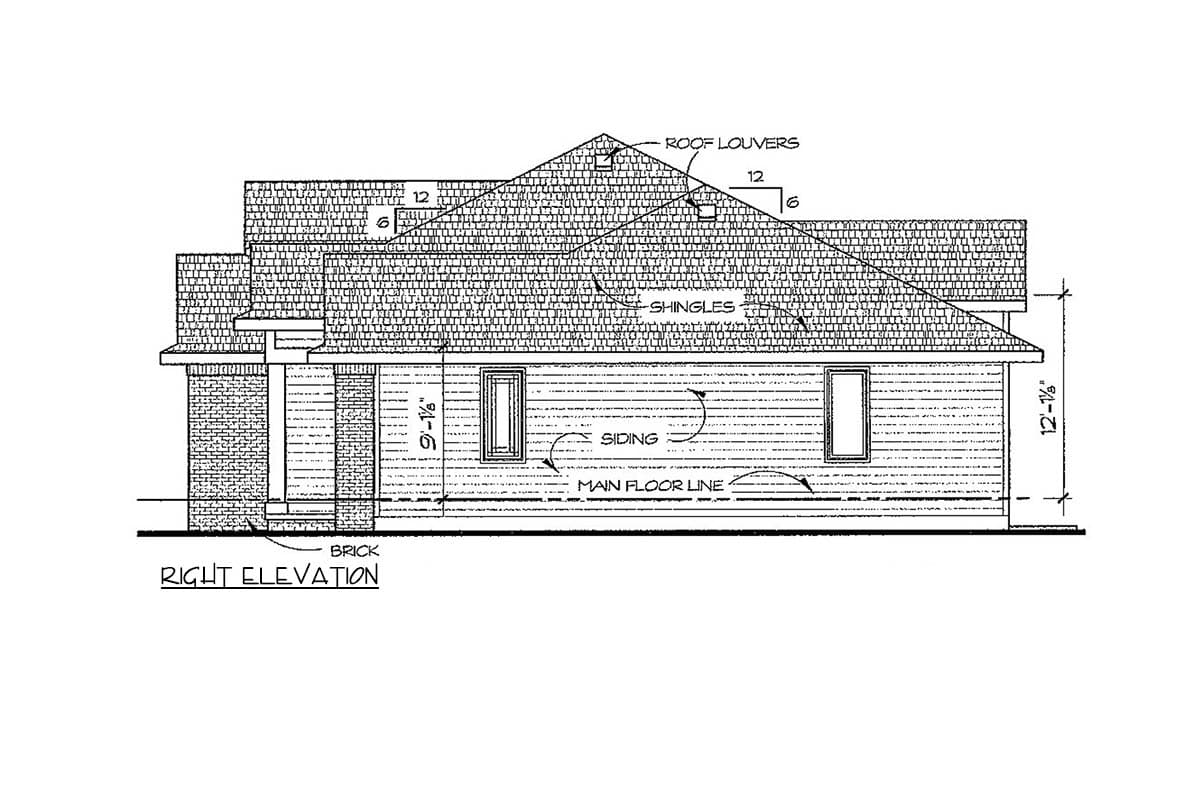 Right elevation architectural drawing of a house plan, showing brick foundation, siding, and gabled roof.