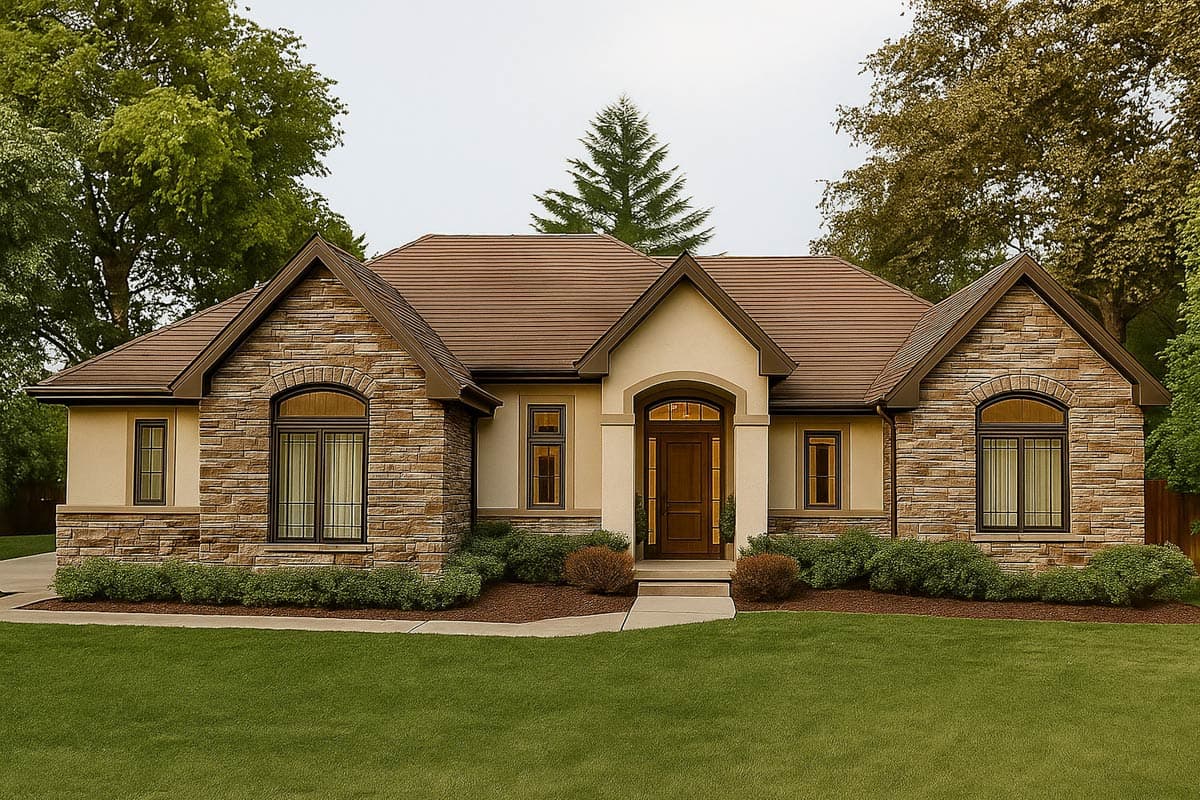 House plan exterior: single-story home with stone accents, arched windows, and a prominent arched entryway.