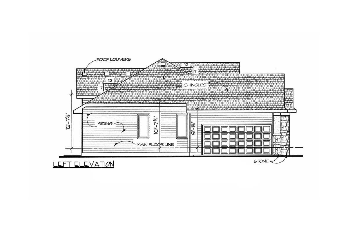 Left elevation drawing of a house with siding, a garage, and stone accents. Features include roof louvers and varied roof pitches.