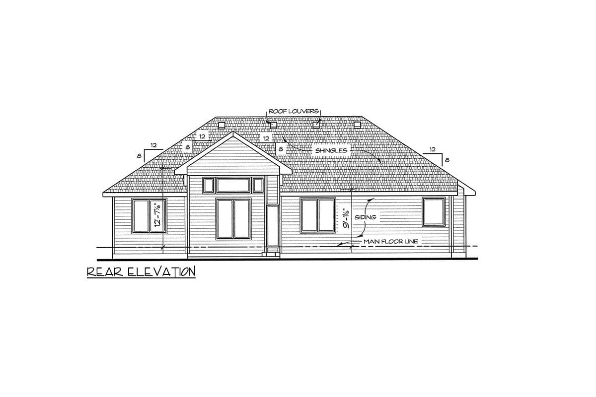 Rear elevation drawing of a house with siding, roof louvers, shingles, and prominent windows.