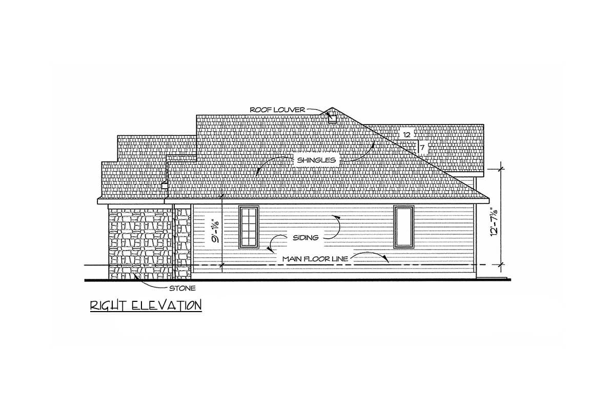 Right elevation drawing showing stone and siding exterior, shingled roof with louver, and main floor line.