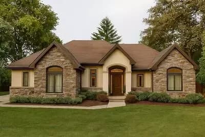 1672 Square Foot European Ranch House Plan with Split Bedroom Layout