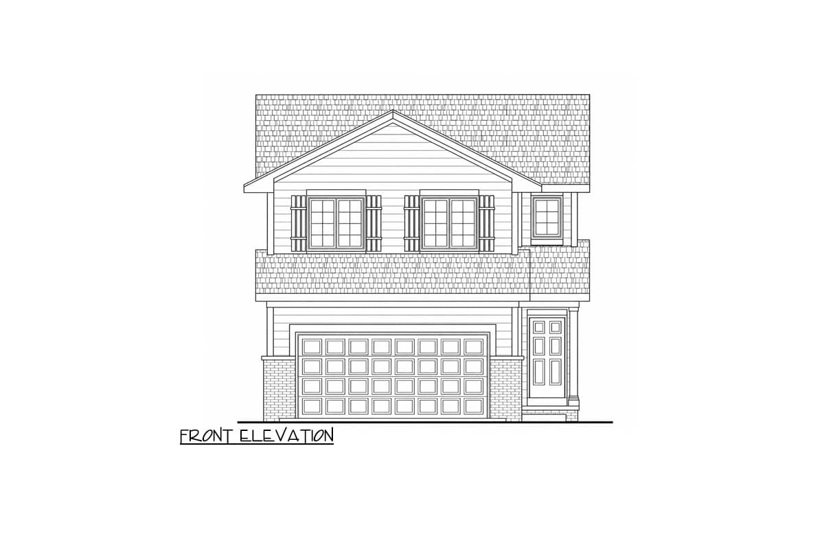 House plan elevation drawing, rear view. Two stories with siding, double doors on main level, and roof louvers.
