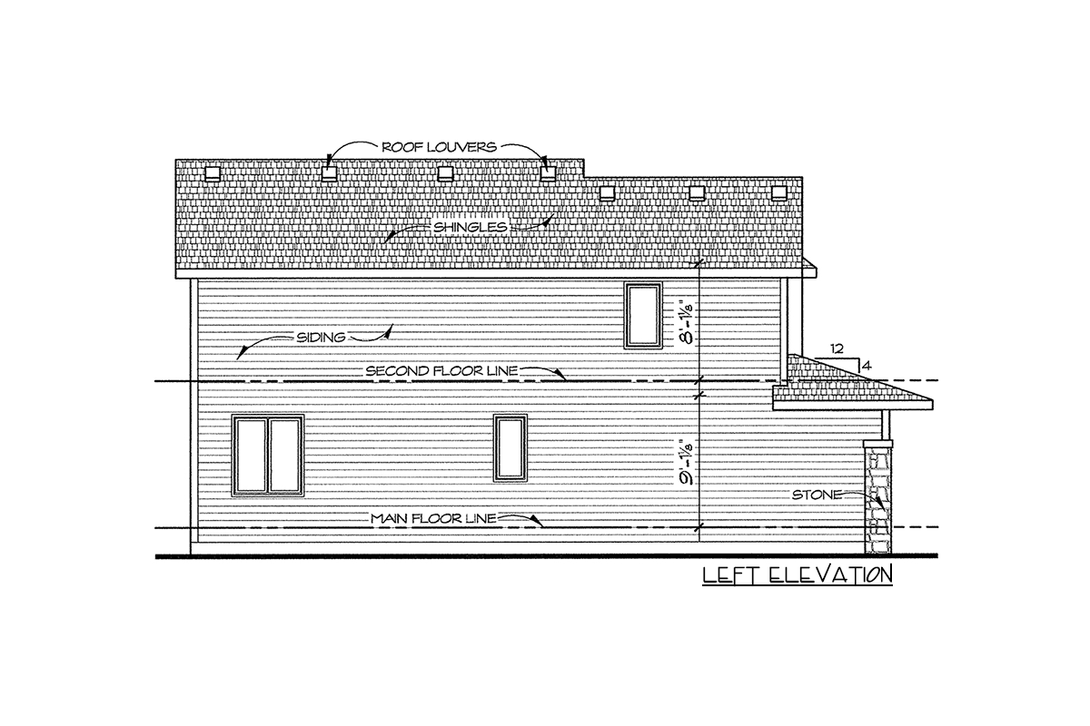 Left elevation house plan drawing showing siding, shingles, roof louvers, stone accents, and floor lines.