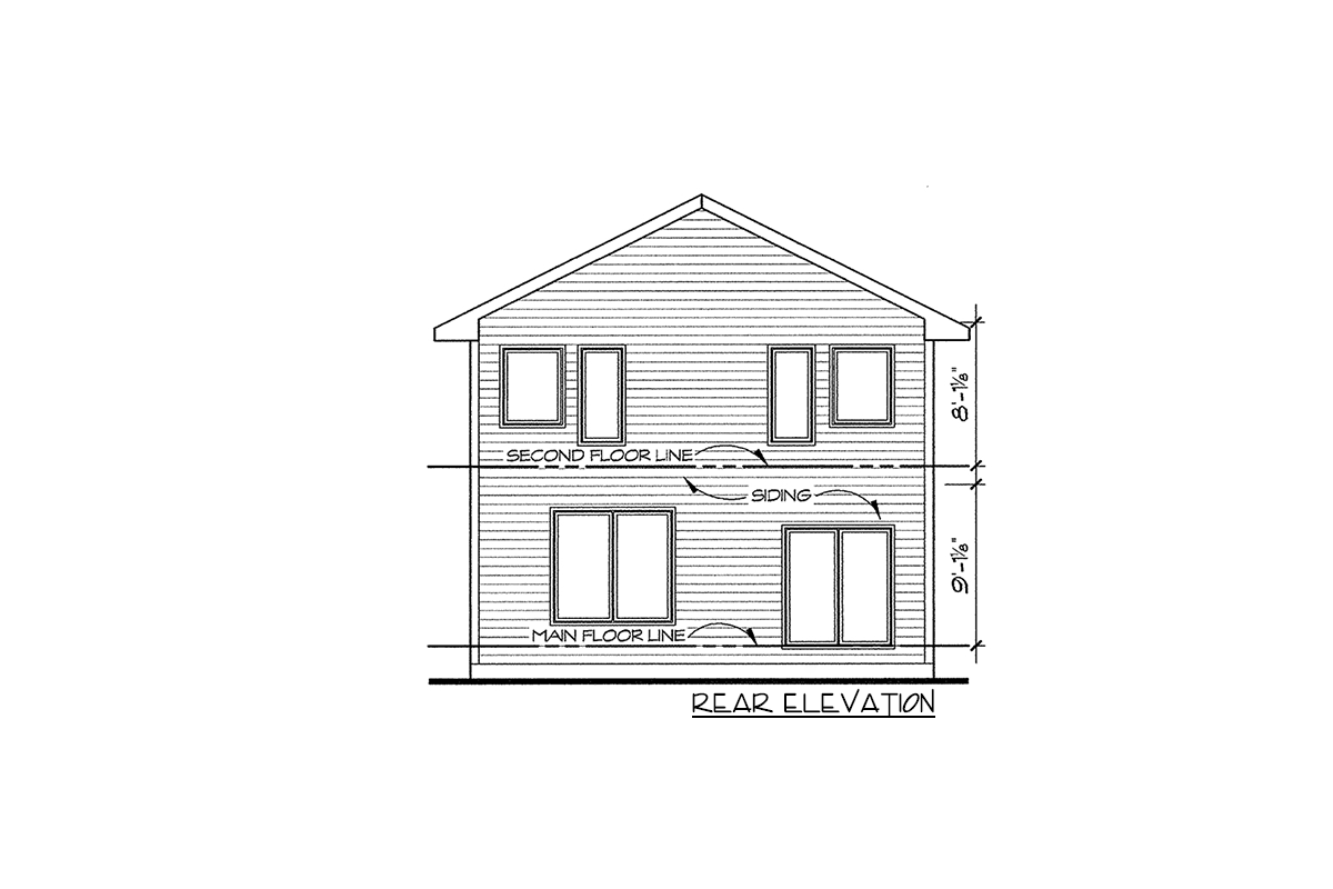Rear elevation house plan drawing showing two stories with horizontal siding and four windows.