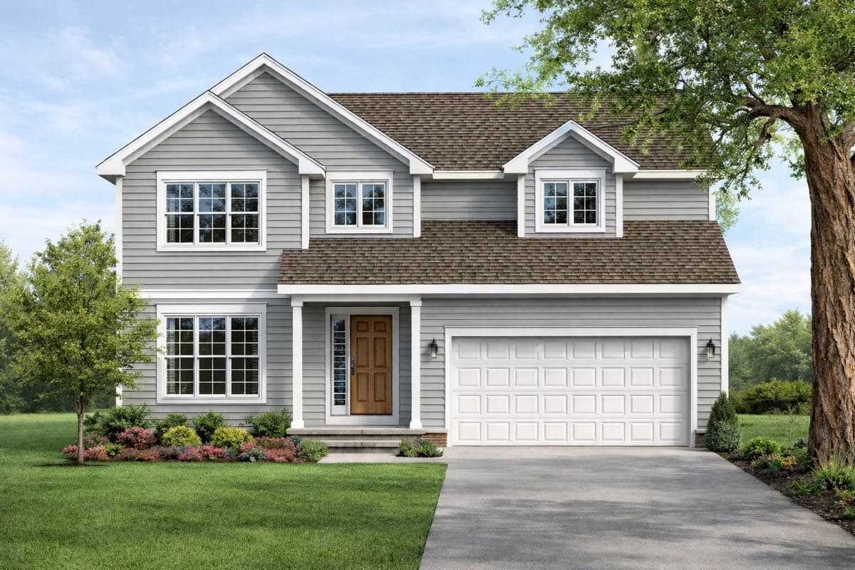 House plan exterior: Two-story home with a gable roof, dormer windows, covered porch, and attached two-car garage.