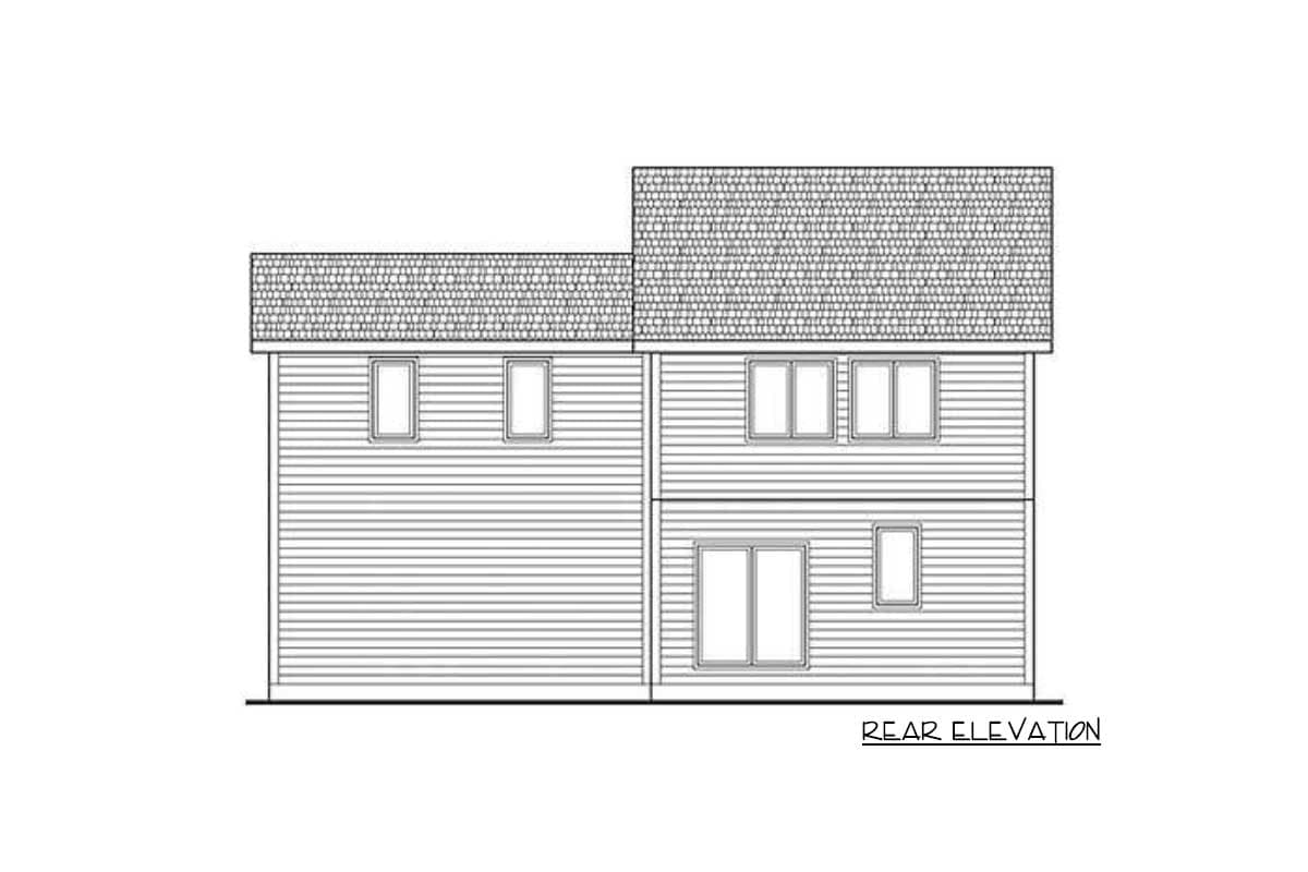 Rear elevation of a two-story house plan featuring horizontal siding and varying window arrangements across two rooflines.