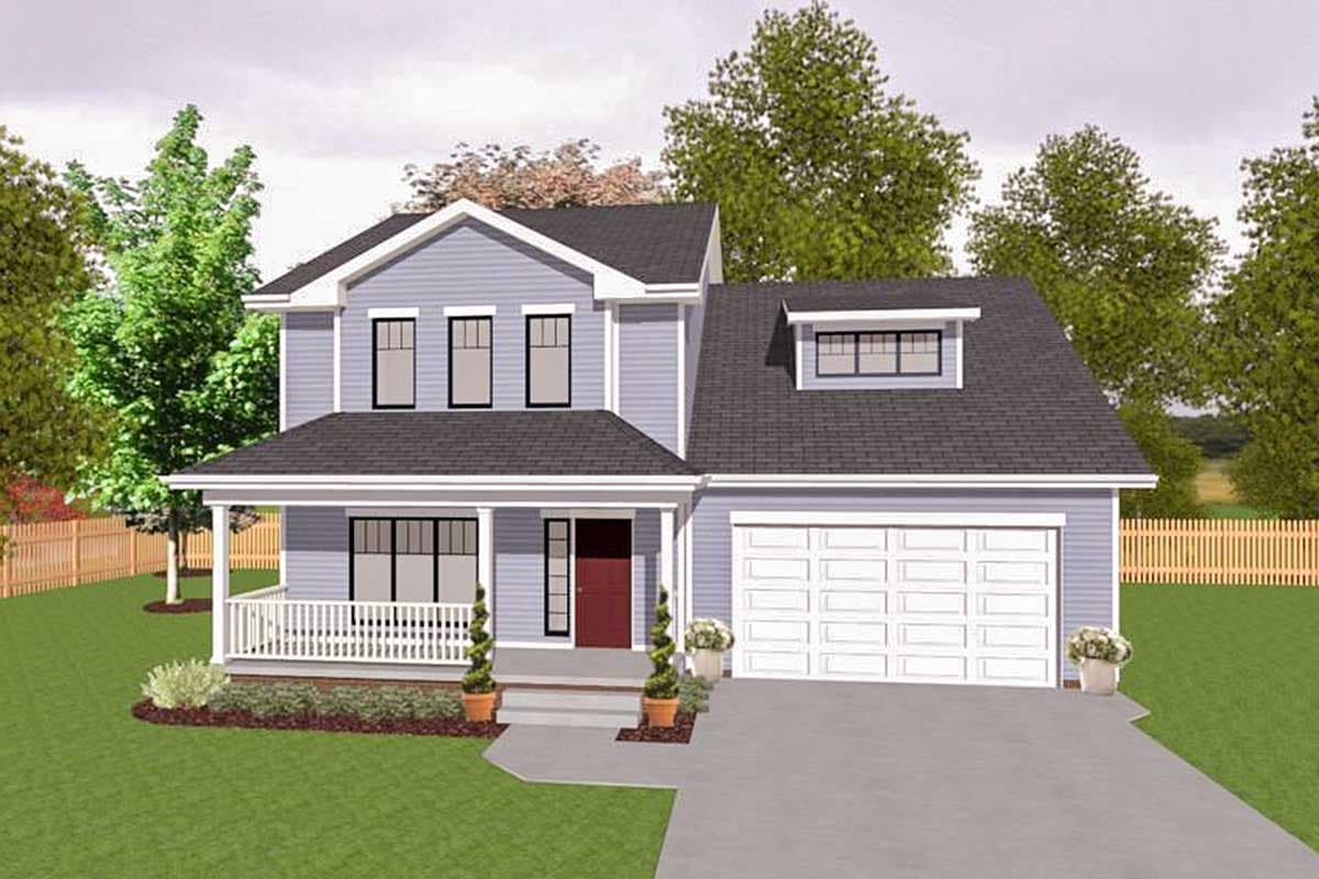 Two-story house plan exterior with a covered front porch, three upper windows, and a side-facing garage.