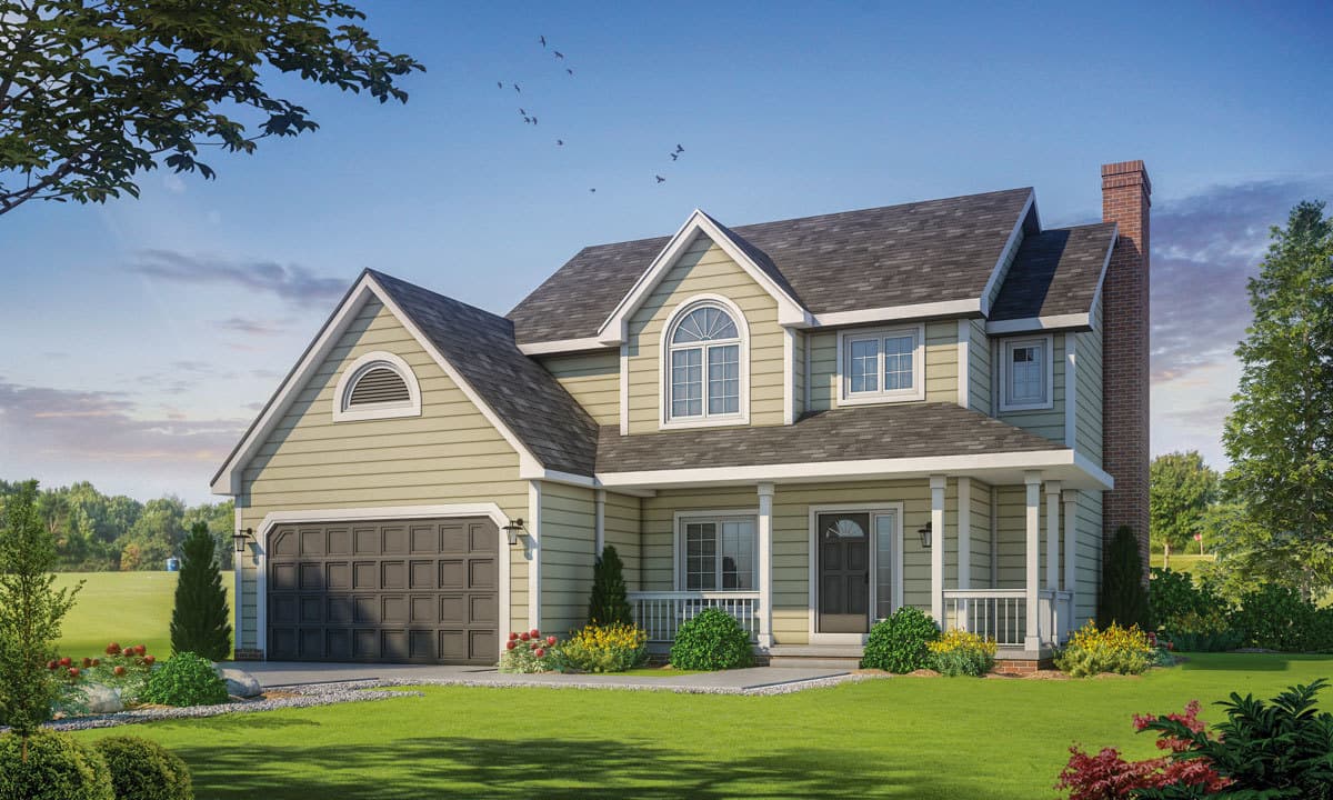 House plan exterior: Two-story home with attached garage, front porch, arched gable dormer, and brick chimney.