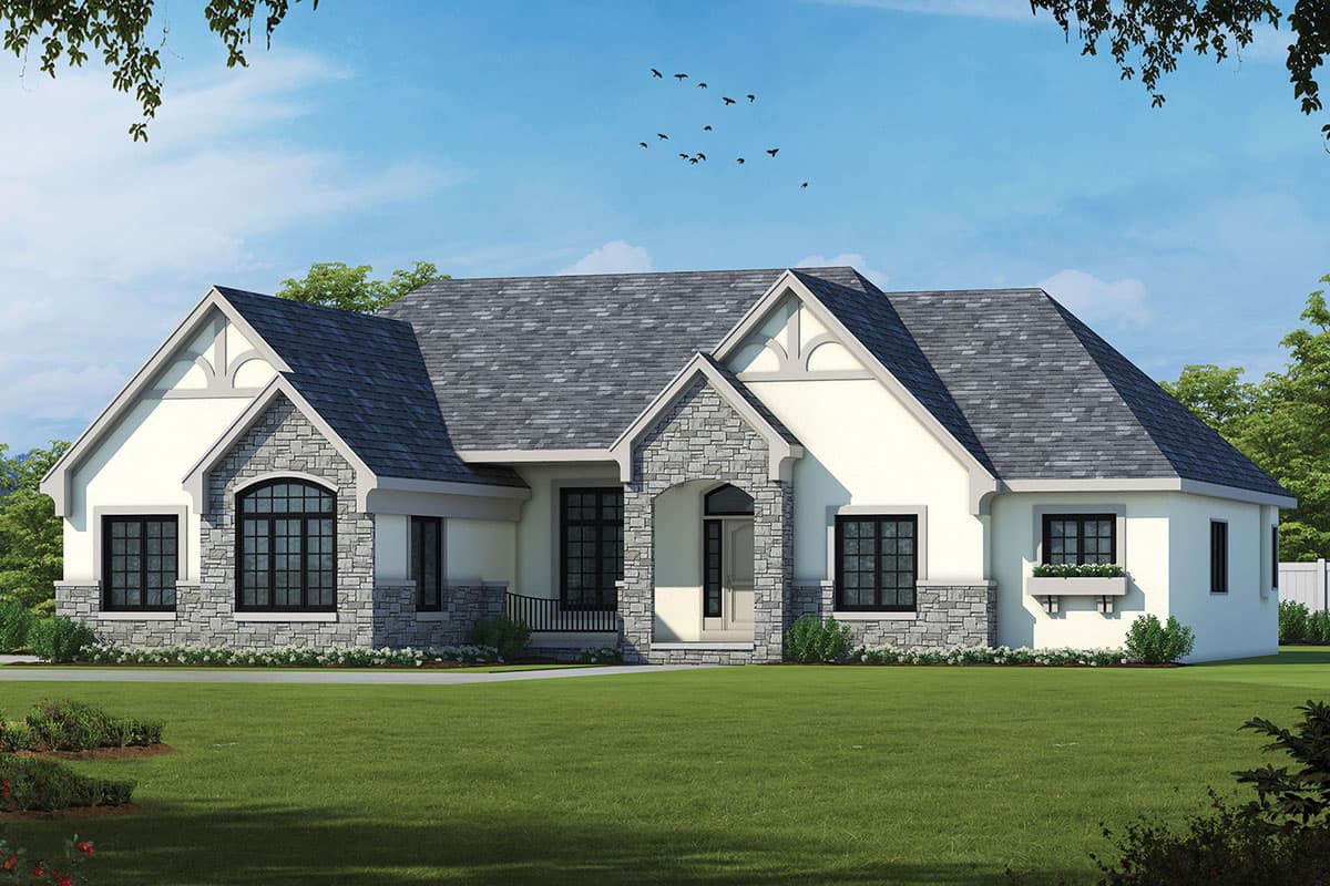 House plan exterior with stone accents, arched entry, and multiple gables.