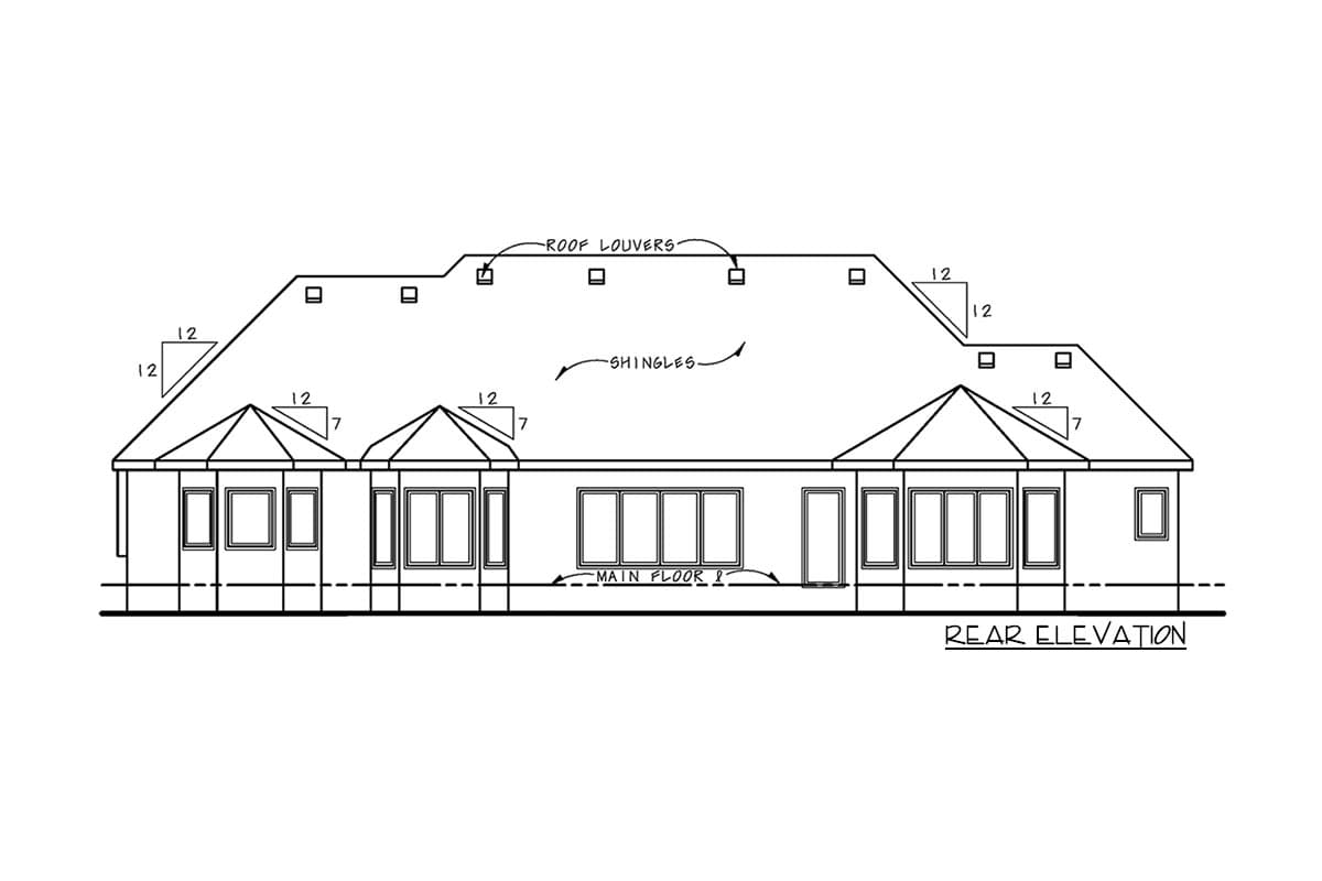 Rear elevation drawing of a house plan with multiple gabled dormers, roof louvers, and a multi-panel sliding door on the main floor.