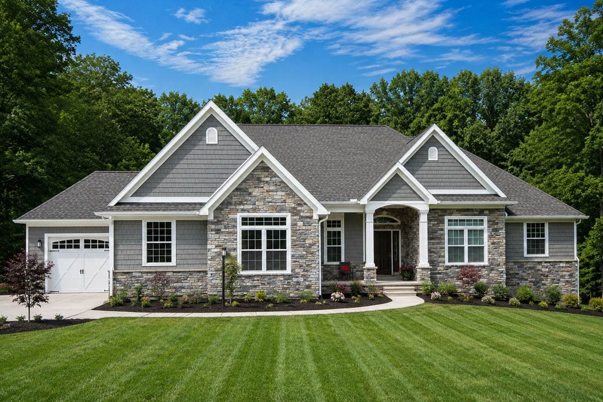 Ranch-style house plan exterior with stone and shingle siding, a covered entry, and a two-car garage.