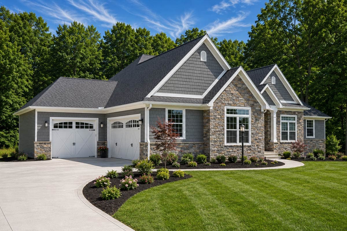 House plan exterior: Ranch style, stone and shingle siding, a three-car garage, and prominent gables.