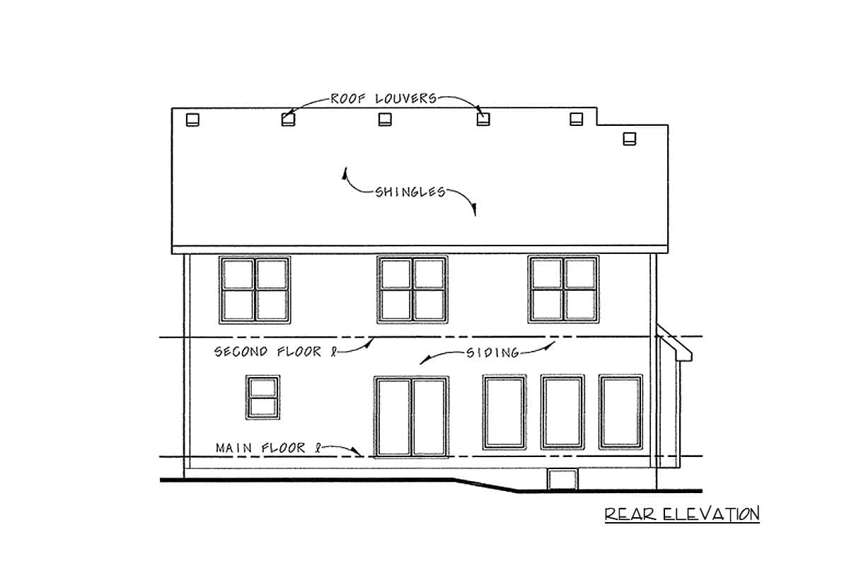 Rear elevation house plan showing two stories, siding, roof louvers, and multiple windows.