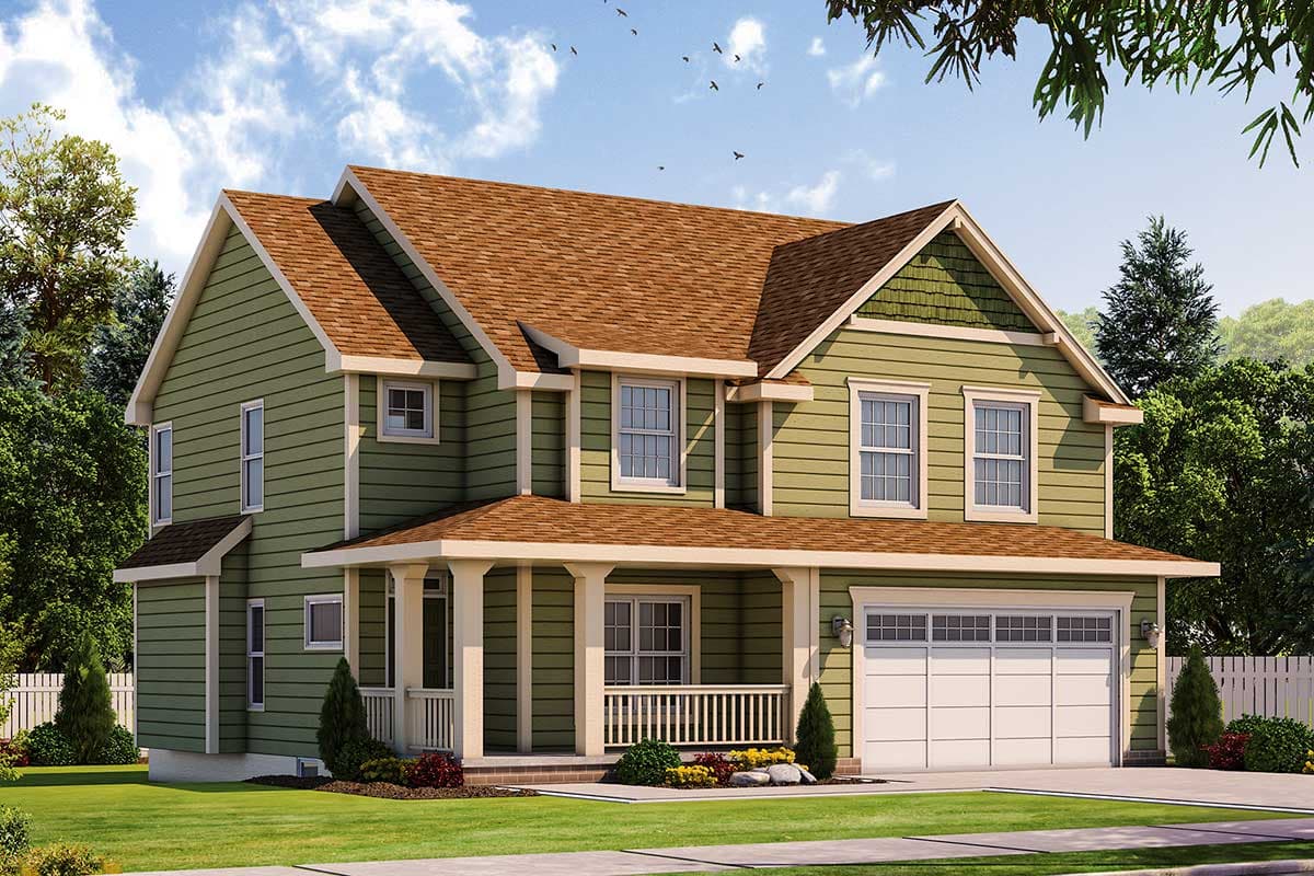 House plan exterior: Two-story, green siding, gabled dormers, covered front porch, and two-car garage.