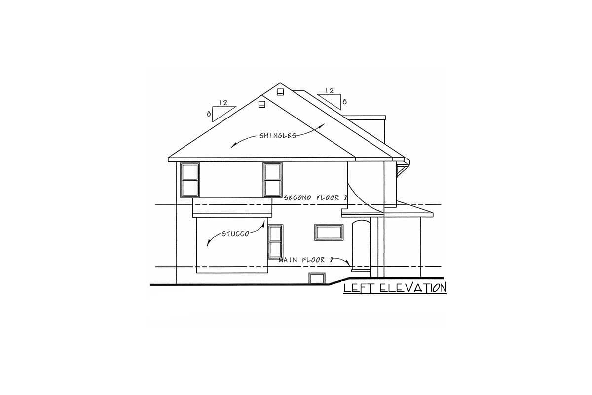 Left elevation drawing of a two-story house with stucco siding, prominent gables, and a shingled roof.