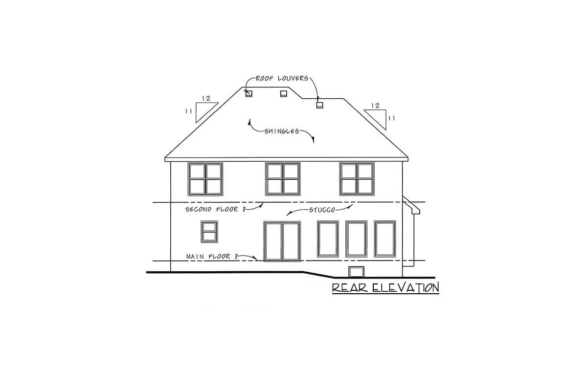 Rear elevation drawing of a two-story house plan with stucco exterior, multiple windows, and gabled roof with louvers.