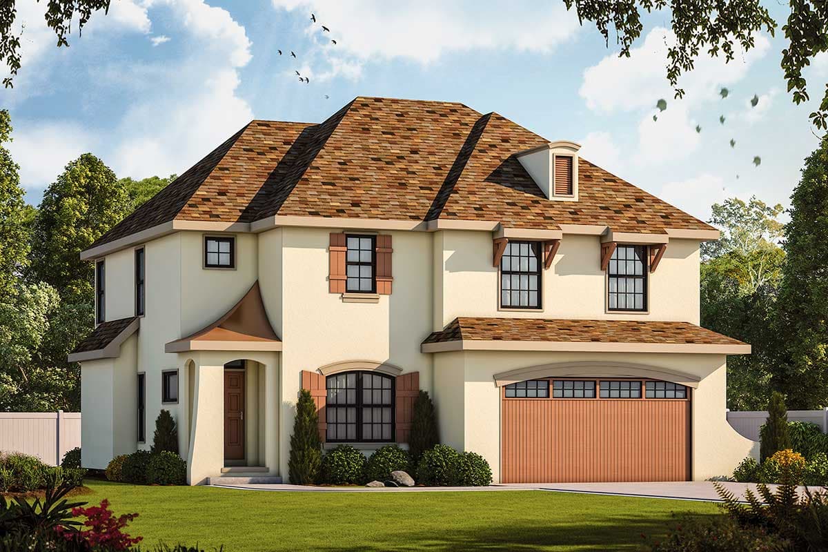 Two-story house plan exterior with hip roof, dormer, arched window, and side-entry garage.