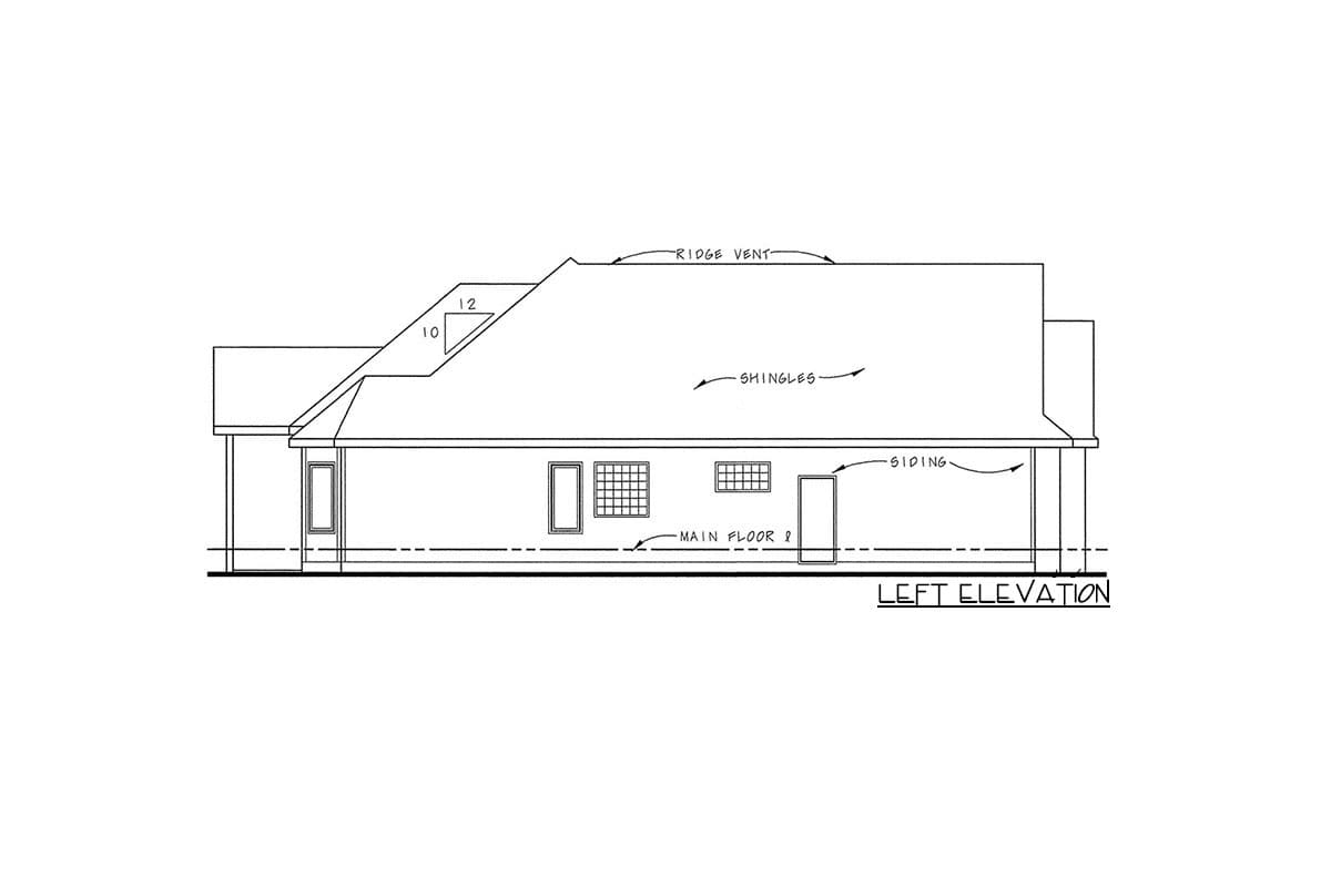 Left elevation house plan drawing showing siding, shingles, ridge vent, and main floor line.