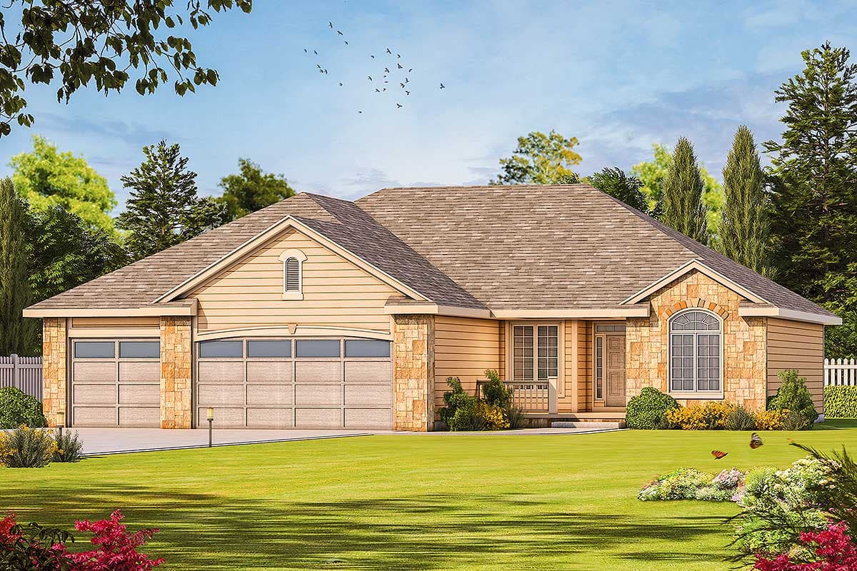 House plan exterior: Ranch style, one story, with stone accents, gabled dormer, and three-car garage.