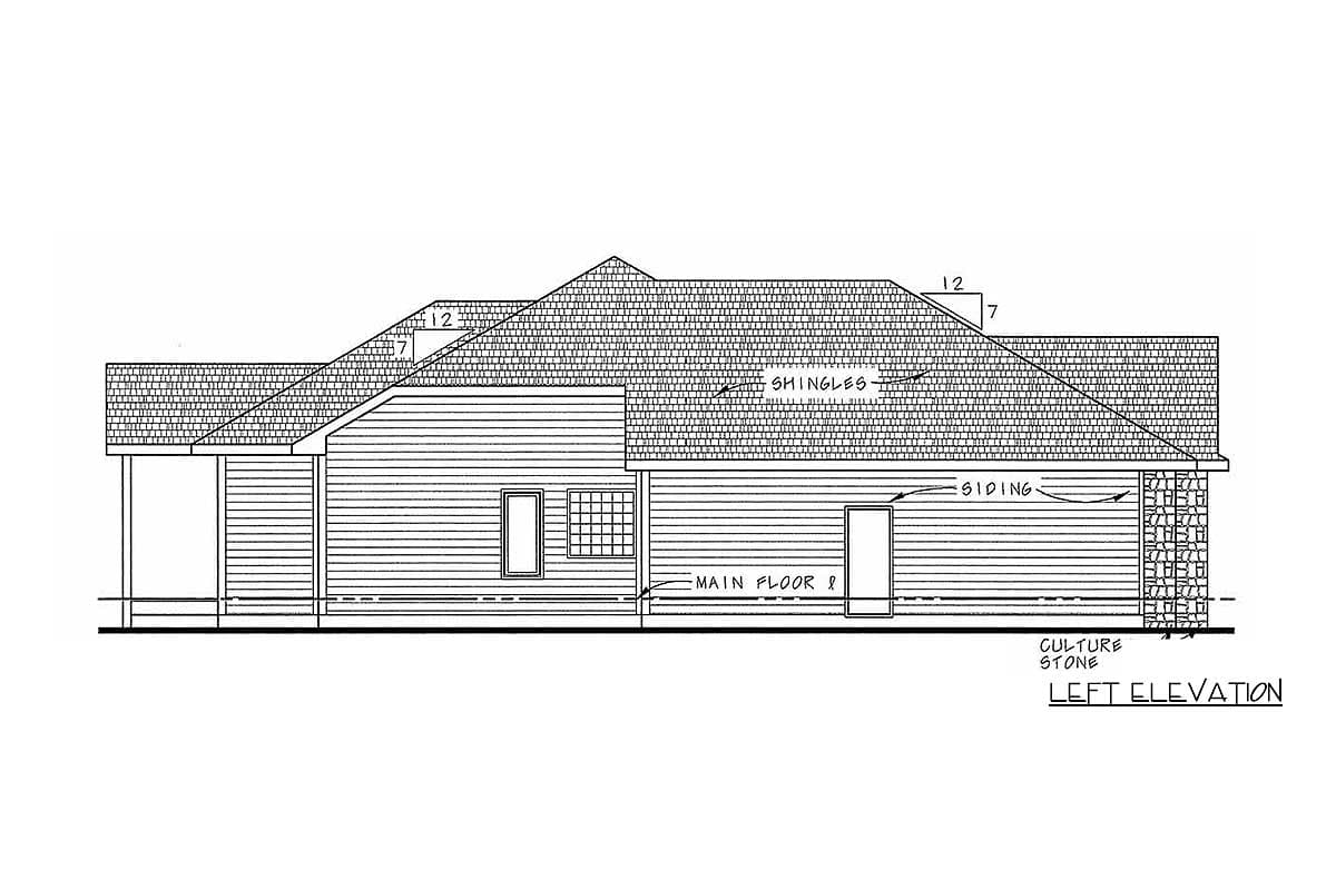 Left elevation house plan showing a one-story structure with a shingled hip roof, siding, culture stone base, and a covered porch.
