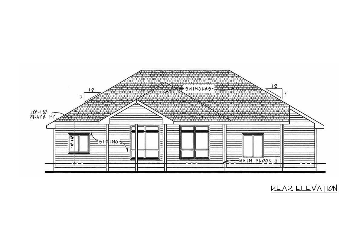 Rear elevation house plan drawing showing siding, multiple windows, and a gabled roof with shingles.