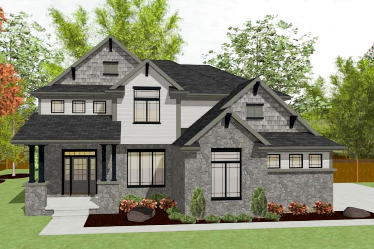 House plan exterior: two-story Modern Farmhouse with stone and shingle siding, covered porch, and multiple gables.