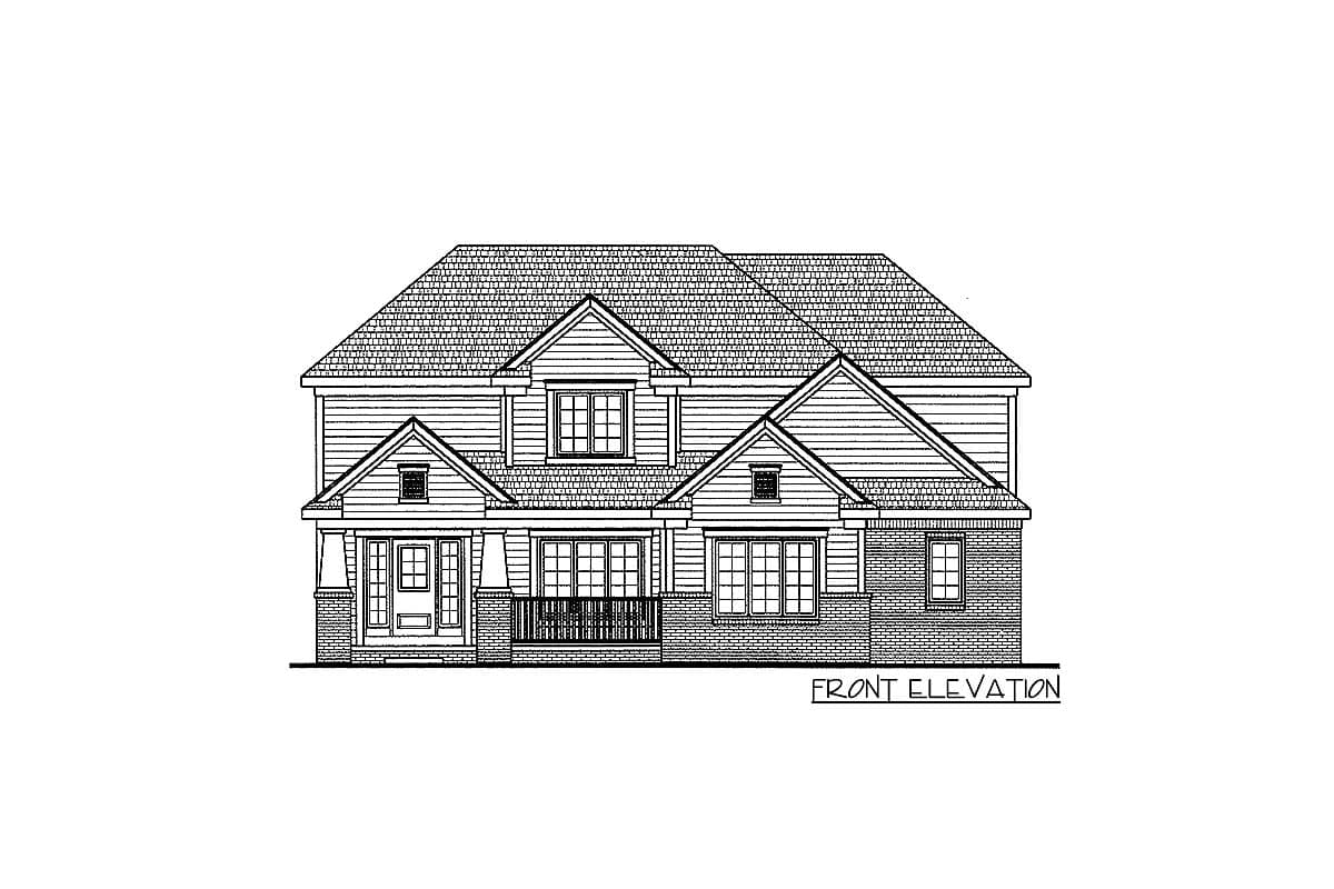 Front elevation drawing of a two-story house with a covered porch, multiple gables, and a dormer.