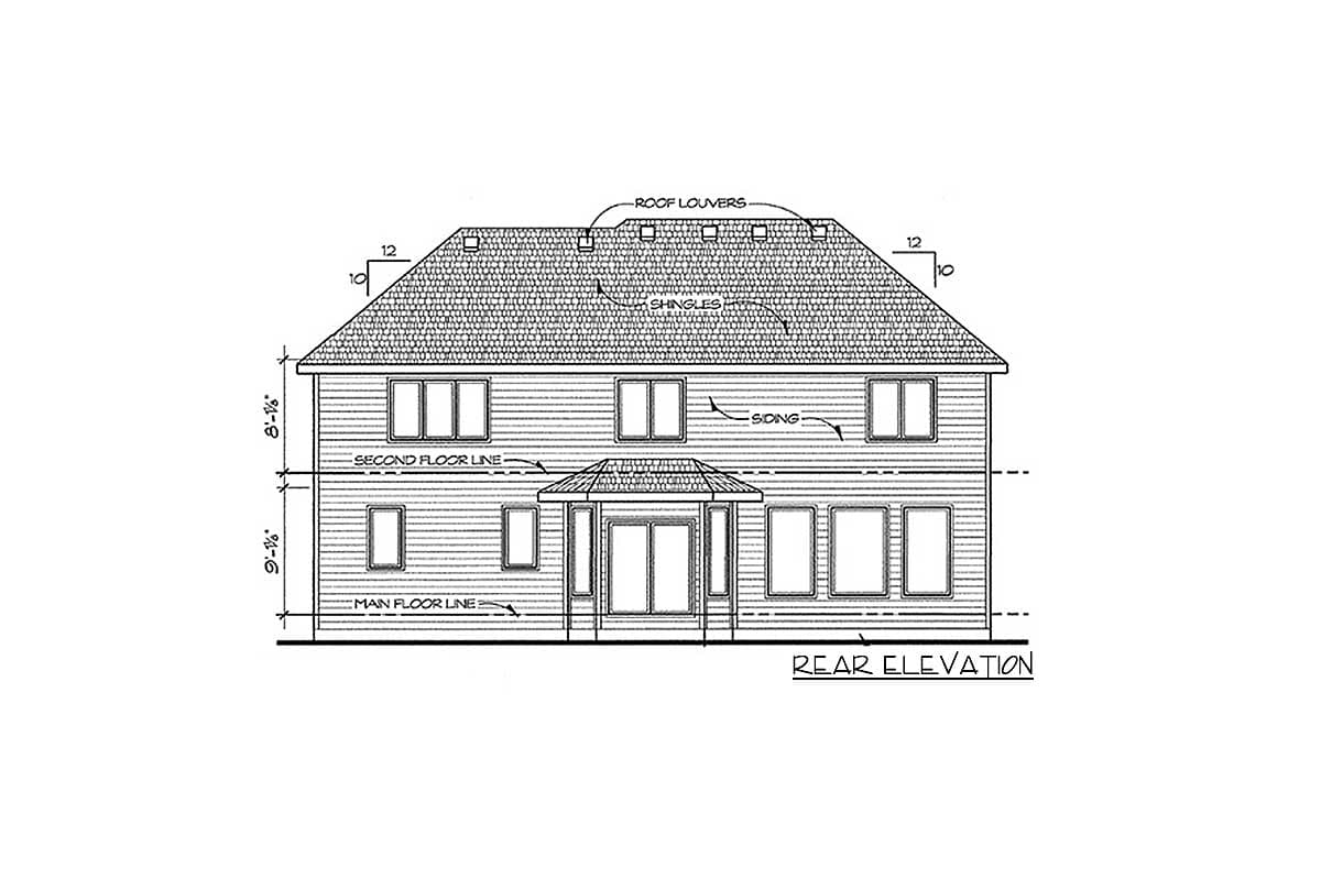 Rear elevation drawing of a two-story house plan, featuring siding, a gabled roof with shingles and louvers, and multiple windows.