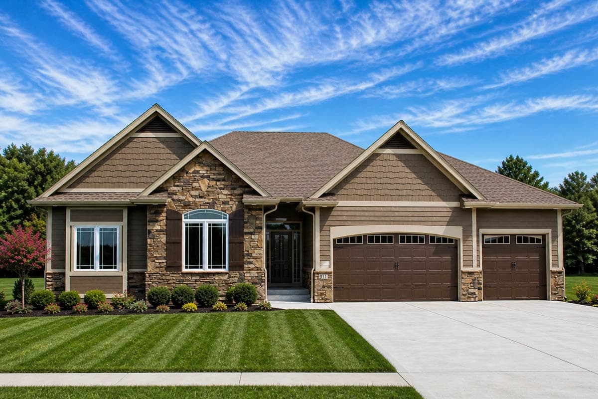 House plan exterior. Ranch style with stone accents. Features include gabled roof, two-car garage, and arched window with shutters.