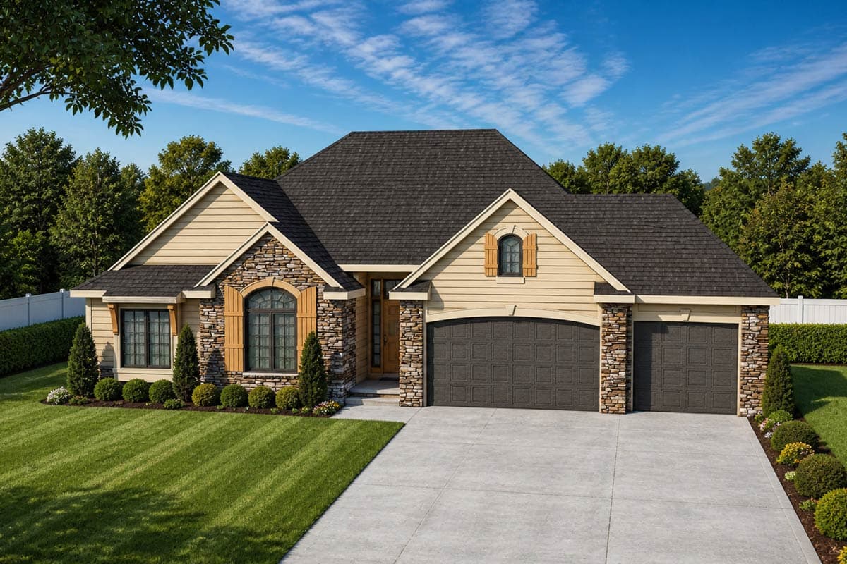 House plan exterior: Ranch-style, multi-level roof, stone and shingle siding, arched window, and 3-car garage.