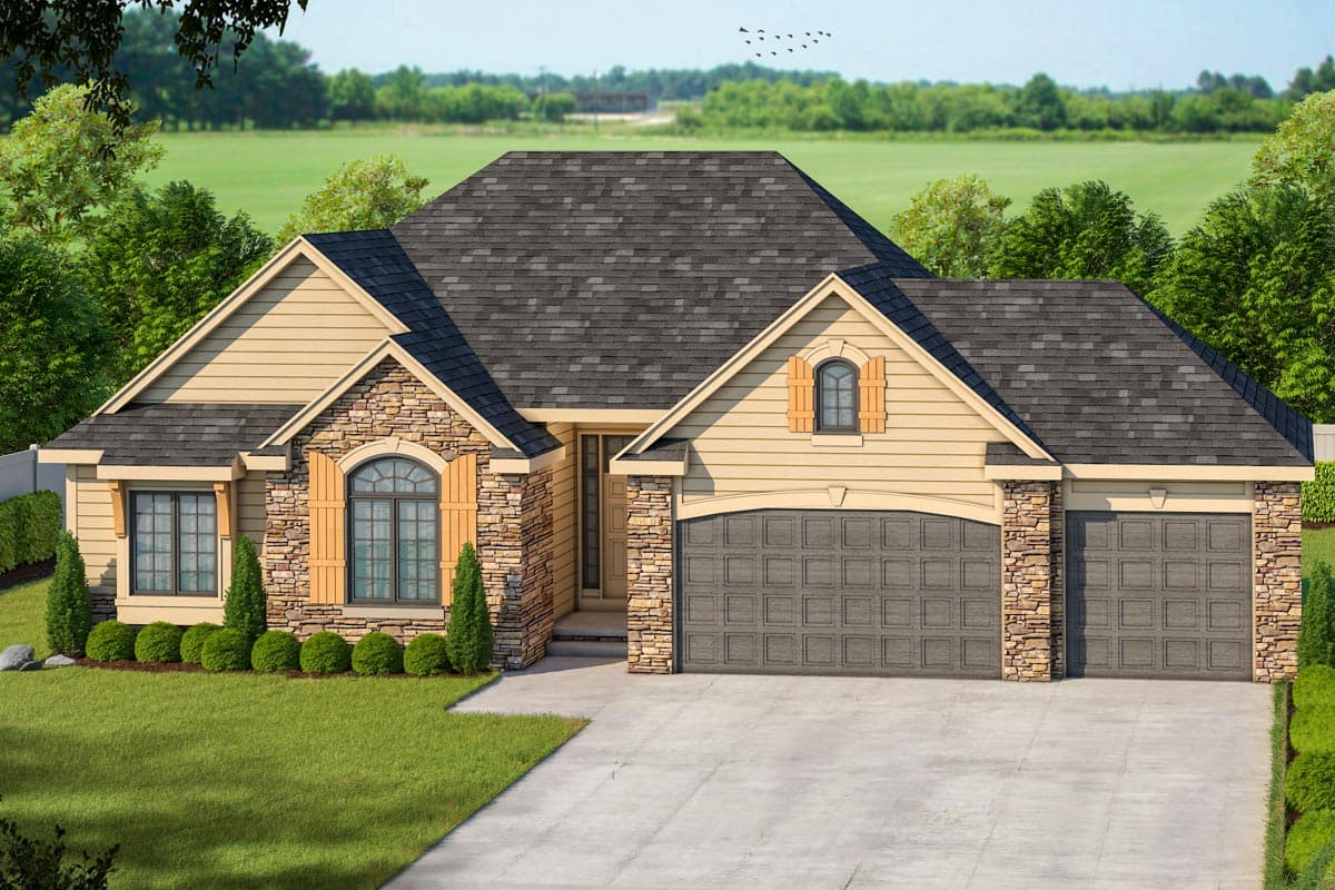 House plan exterior. Ranch style with stone accents. Features include gabled roof, two-car garage, and arched window with shutters.