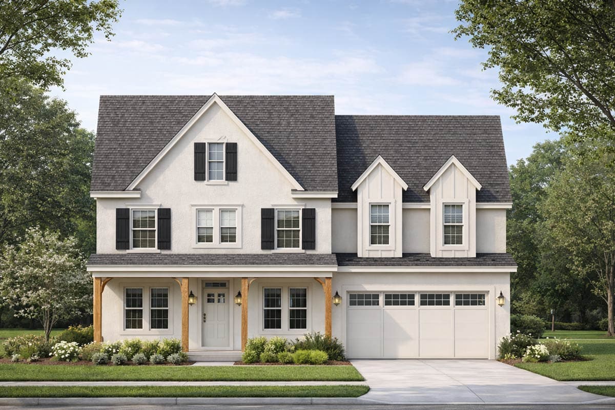 House plan exterior of a two-story Modern Farmhouse with a covered front porch, gable dormers, and a three-car garage.